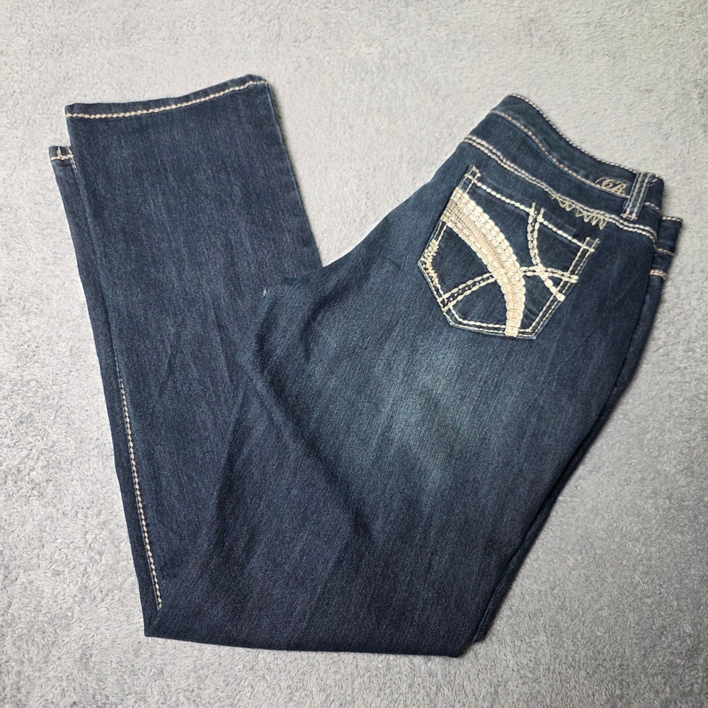 Code Bleu Womens 12/30R Maya Slim Straight Jeans Dark Wash Embroidered Pockets